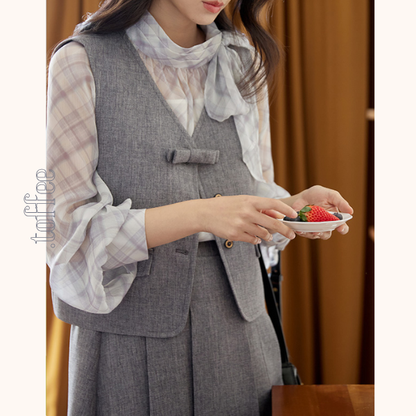 ボウタイ付きベスト＆ミモレ丈プリーツスカートのセットアップ《Z00850》