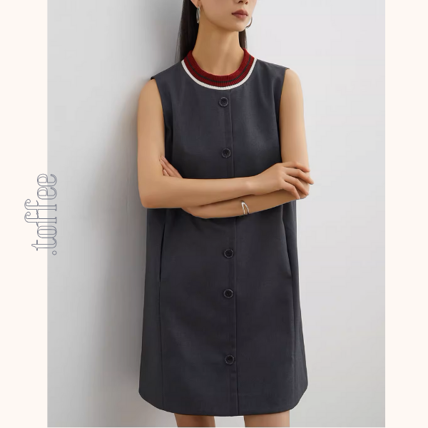 コントラストカラーフロントボタンノースリーブミニワンピース《Z00945》