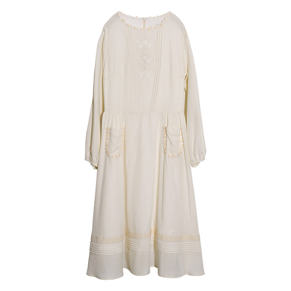 【2color】北欧風フラワー刺繍入りミモレ丈ワンピース  Z00010