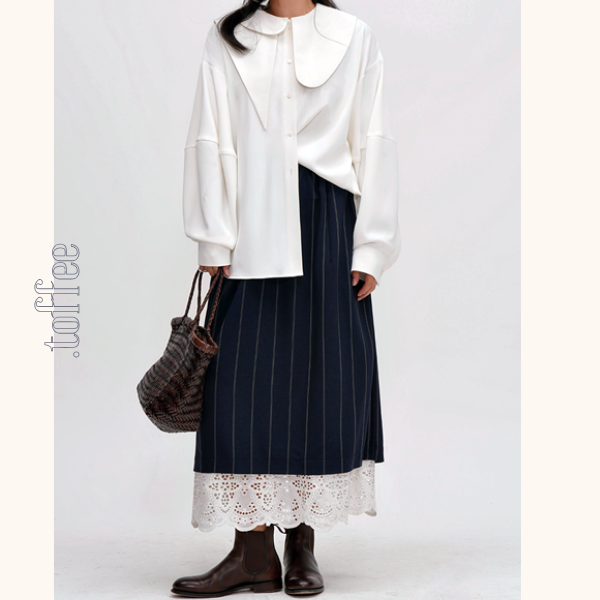 ネイビーストライプ＆レース重ね着スカート　Z00477