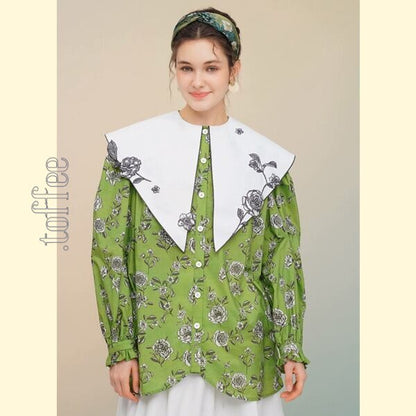 ローズフレンチレトロプリントシャツ: 個性的なエレガンスを纏う 《C0213》