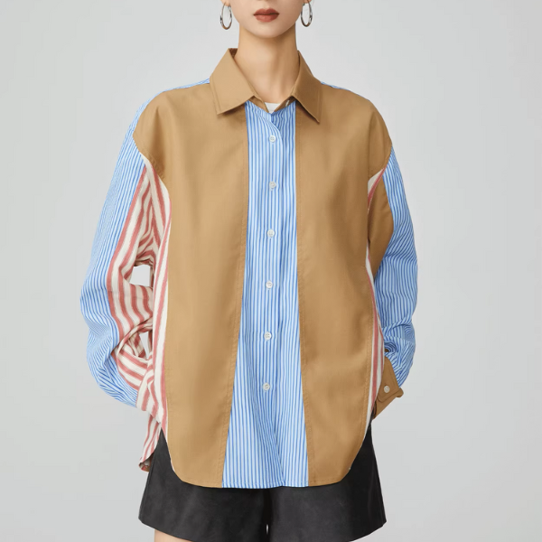 パッチワークストライプオーバーサイズロングスリーブシャツ《Z00951》