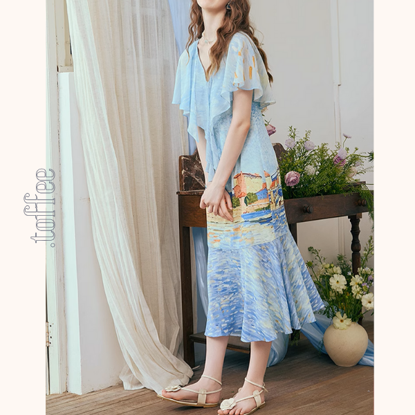 潮の音が聞こえる：シフォンプリントロングワンピース《Z00972》