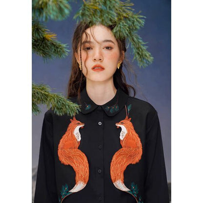 フェイクツーピースフォックス刺繍ブラウス C0105