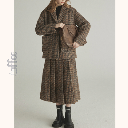 千鳥格子ツイードジャケット＆ロングプリーツスカートセットアップ　《Z00775》