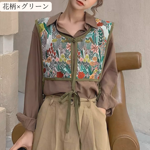 【10pattern】ヴィンテージ柄×リボン紐のレイヤードベスト《Z01208》