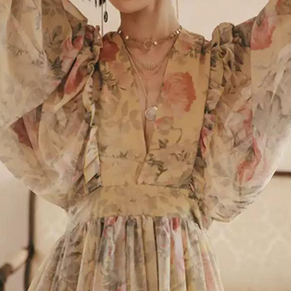 フラワープリントボリュームスリーブワンピース X-046