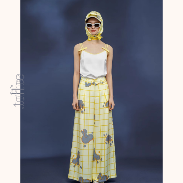 羊プリント　レモンイエローウィンドウチェック　シルキータッチ大判スカーフ C0147