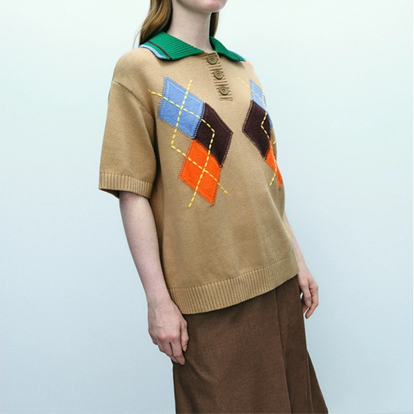 カラフルアーガイル柄半袖ニットトップ　Z00543
