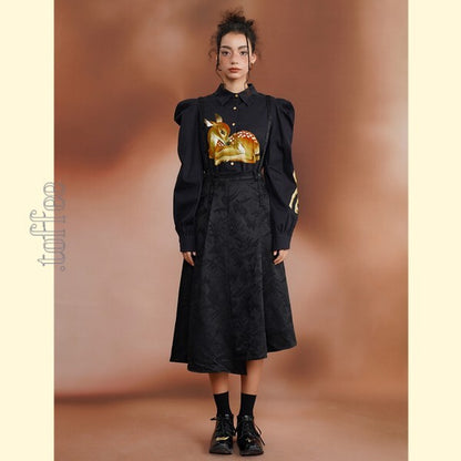 幻想的な水墨画ジャガードが織りなす：オリエンタルサスペンダースカート C0188