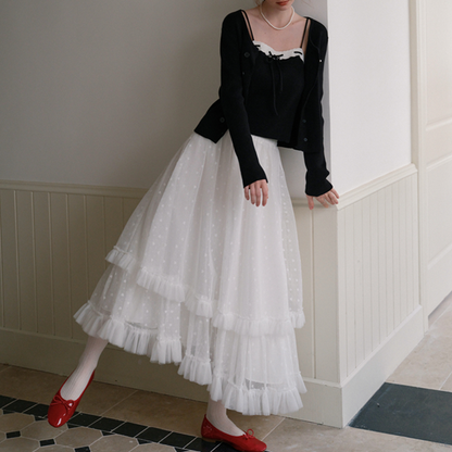 フリル＆メッシュホワイトロングスカート　Z00570