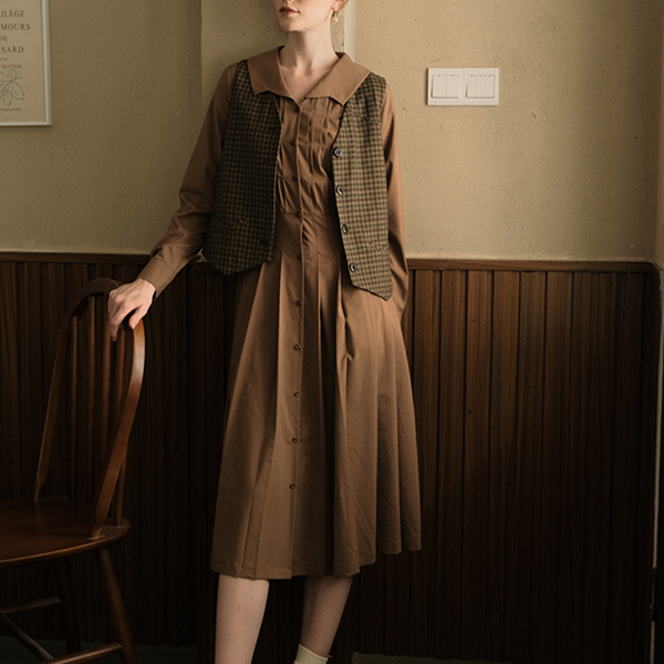 ブラウンチェック柄シングルブレストベスト　Z00507