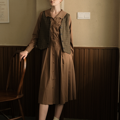 ブラウンチェック柄シングルブレストベスト　Z00507