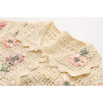 小花刺繡入りかぎ針編みニットトップ Z00216