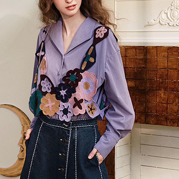 【2color】かぎ編みマルチカラーフラワーモチーフベスト＆レースディテールルーズシャツセットアップ    《Z00654》