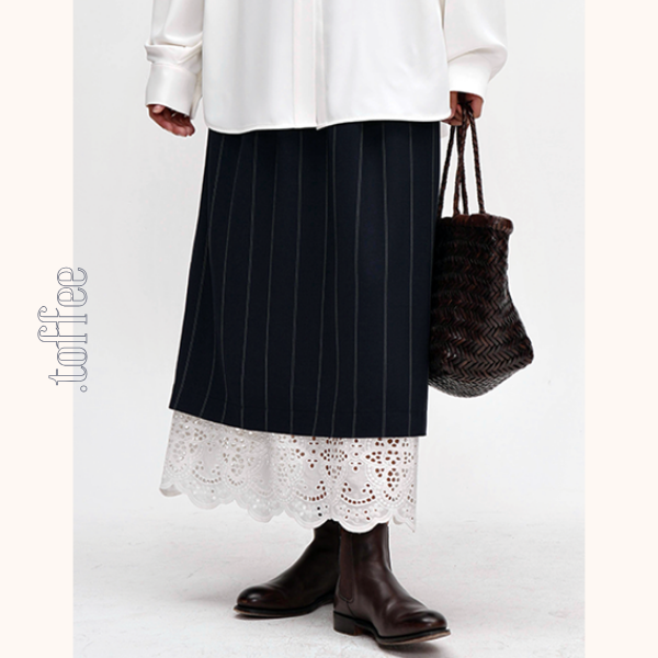 ネイビーストライプ＆レース重ね着スカート　Z00477