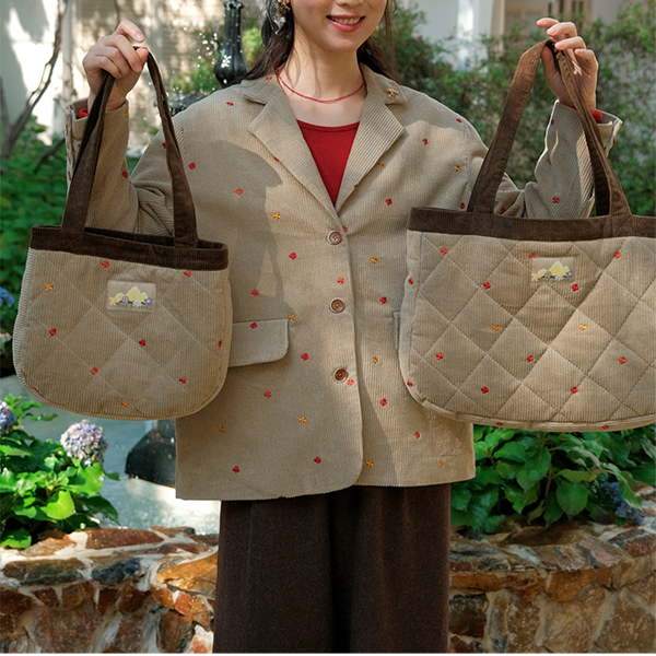 小花刺繍キルティングコーデュロイトートバッグ　《Z00709》