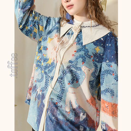 ポニーと星空の油絵プリントシャツ《Z00840》