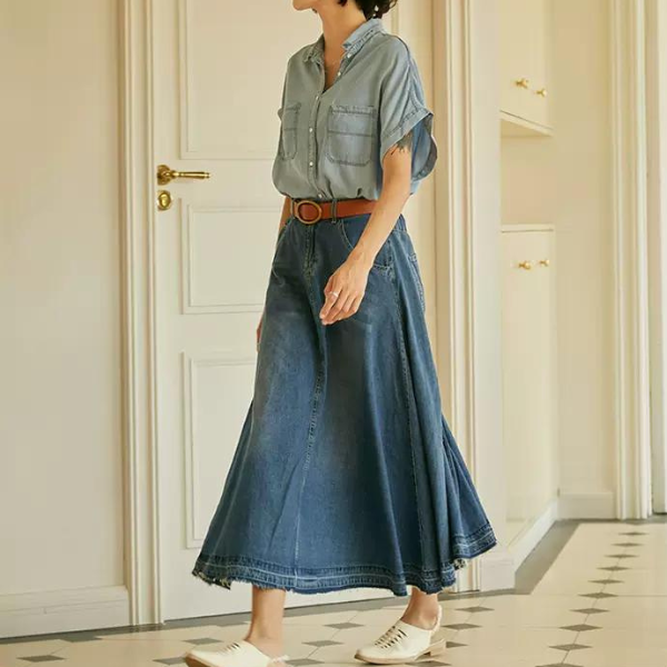 デニムミモレ丈フレアスカート w-012