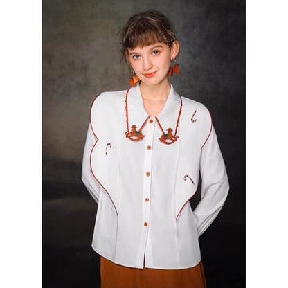 【2color】木馬刺繍配色ビッグ衿ブラウス C0109