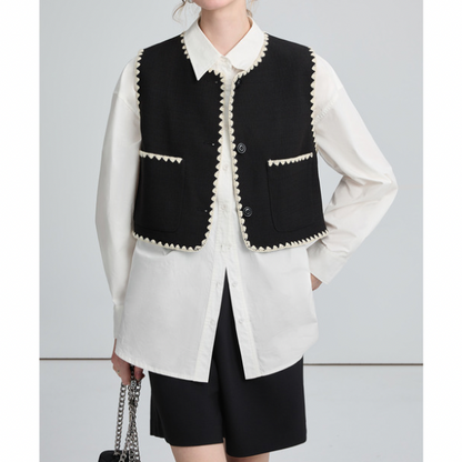 刺繍トリミングのショートベスト X-295