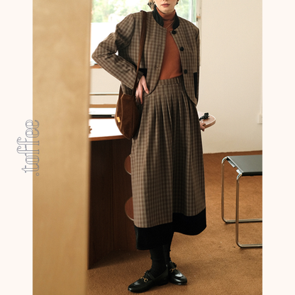 ブラックポケット付きジャケット＆ミモレ丈スカートのブラウンチェックセットアップ　Z00514