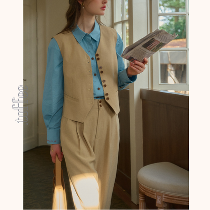 レトロ調シングルブレストベスト＆ハイウエストワイドパンツセットアップ　《Z00815》