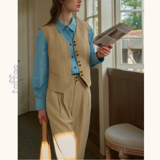 レトロ調シングルブレストベスト＆ハイウエストワイドパンツセットアップ　《Z00815》