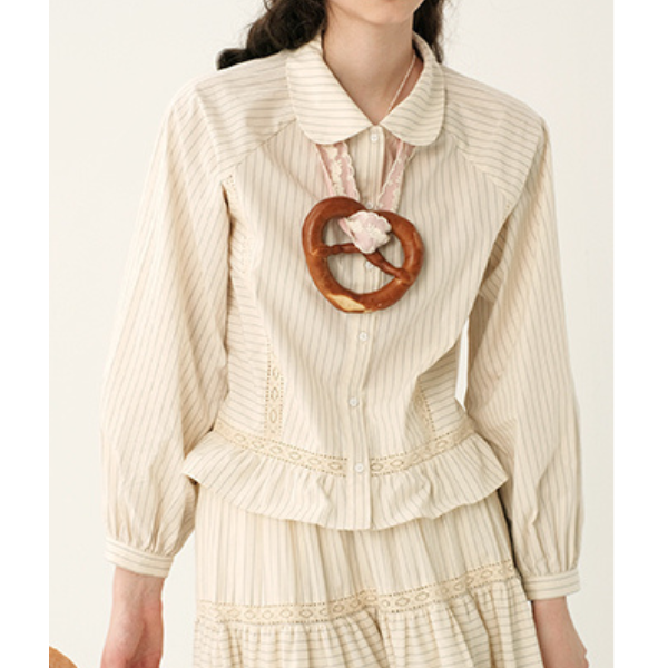 【2color】レトロストライプフリルヘムセットアップ X-263
