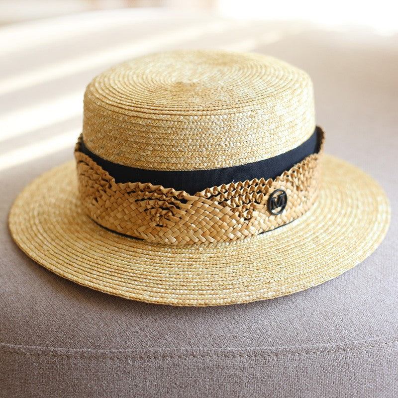 麦わら編み編みリボンのカンカン帽