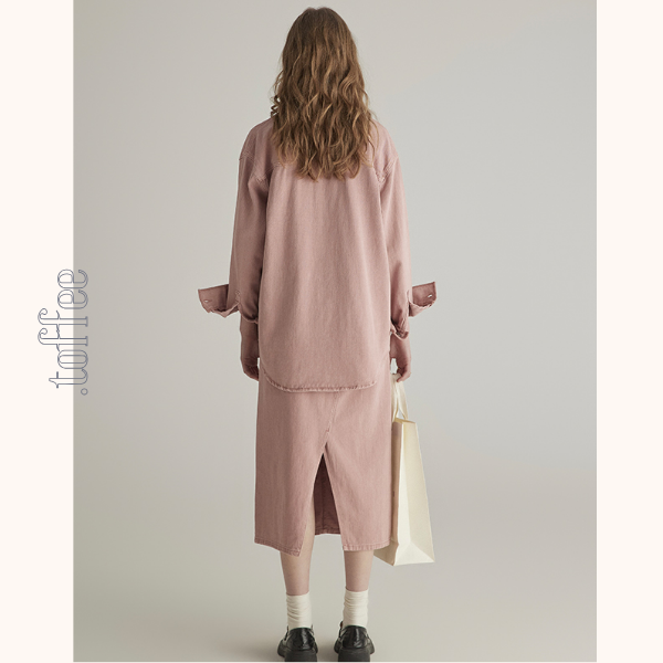 ピンクデニムジャケット＆ミモレ丈ストレートスカートセットアップ　《Z00776》