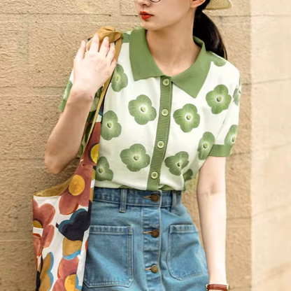 【2color】フラワープリントバイカラーポロシャツ《Z00981》