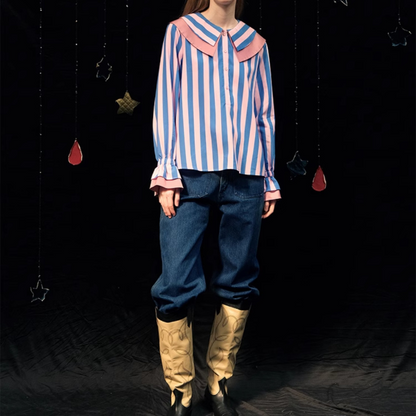 ダブルカラーストライプルーズシャツ  Z00011