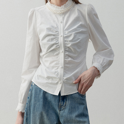 パール＆レースネックシャーリングロングスリーブシャツ　《Z00721》