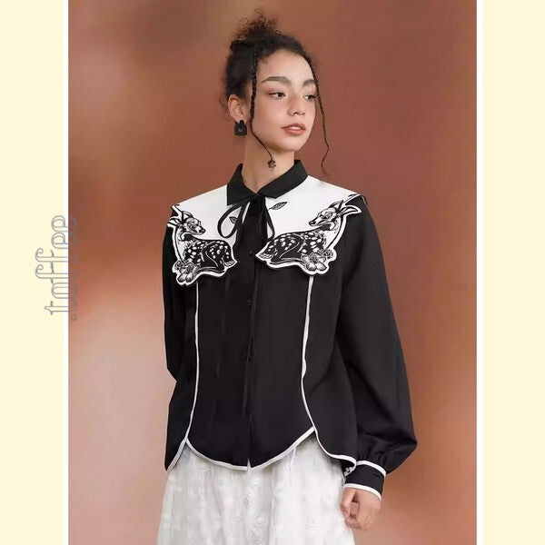 月明かりのバンビが佇む：深い森の中のオリエンタルカウボーイブラウス C0187