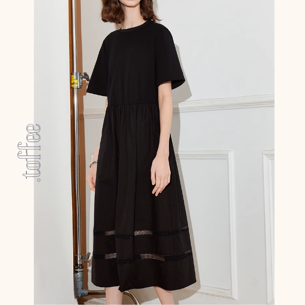 【2color】メッシュレースAラインミモレ丈ワンピース《Z00924》