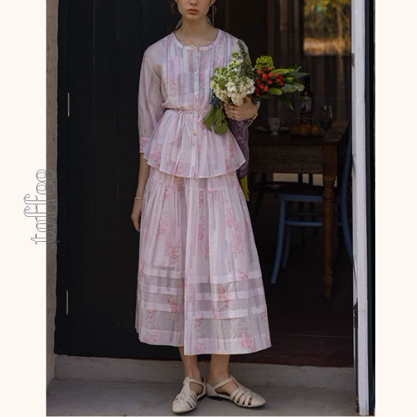 桜ピンクプリーツシャツ＆ミモレ丈ティーアドスカートセットアップ《Z00867》