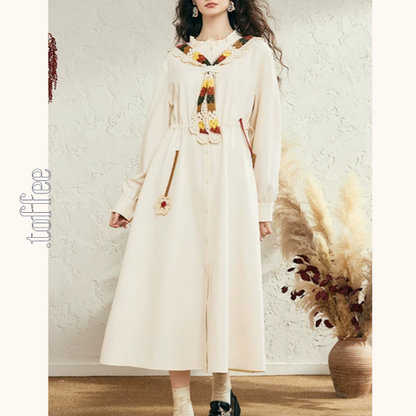 マルチカラーかぎ編みレースタイ付きAラインワンピース　《Z00678》