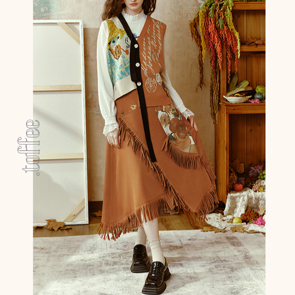 【2color】フリンジ付きアアシンメトリーロングスカート   《Z00664》