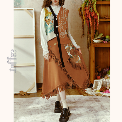 【2color】フリンジ付きアアシンメトリーロングスカート   《Z00664》