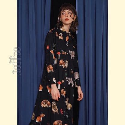 レトロエレガンス：クラシックアートのブラックシャツワンピース 《C0209》