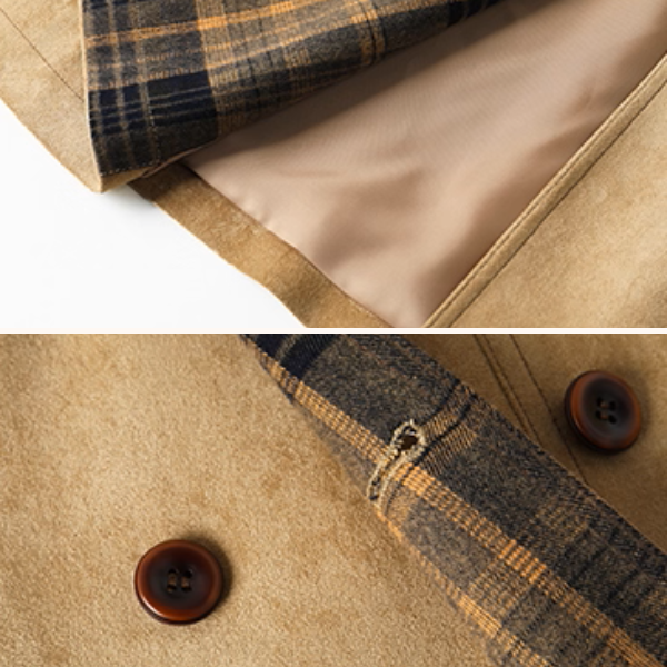 大人レトロに映えるチェック袖口のカーキトレンチコート《Z01182》