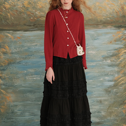 【2color】フリルネックショートブラウス　《Z00618》