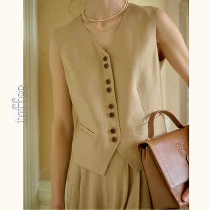 レトロ調シングルブレストベスト＆ハイウエストワイドパンツセットアップ　《Z00815》