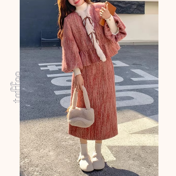 淡紅ファーリボンジャケット＆ミモレ丈スカートのセットアップ《Z01268》