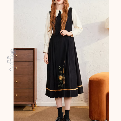 バイカラーと刺繍が映える上品プリーツワンピース《Z01207》