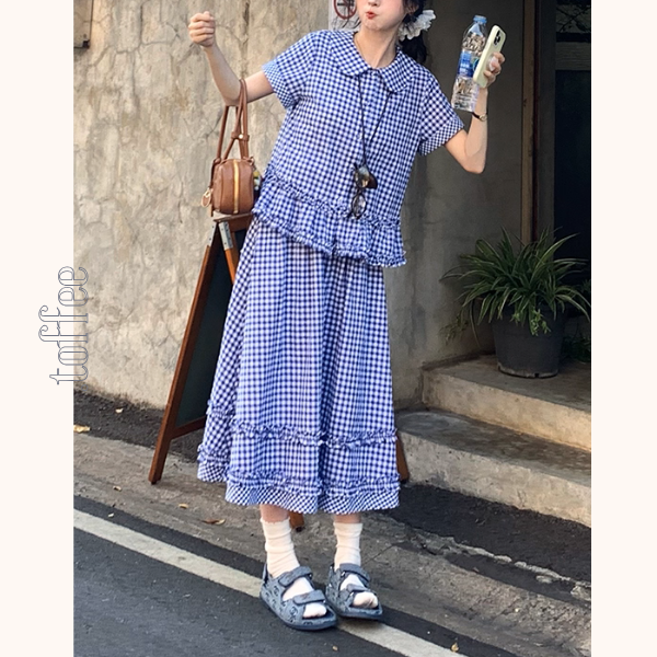【2color】ギンガムチェック＆フリルセットアップ《Z01098》