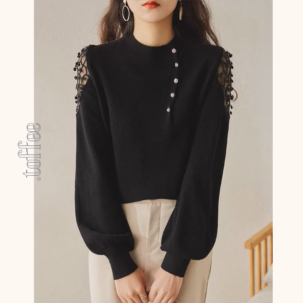 【3color】肩メッシュが映える＊アシメボタンの上品ニット《Z01199》