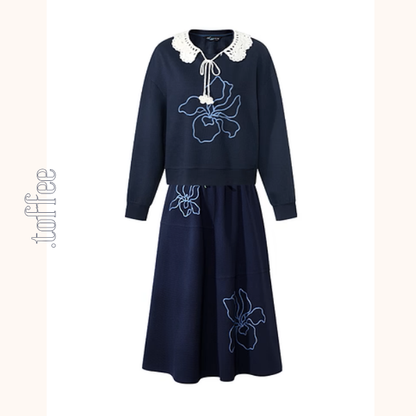 かぎ針襟と花刺繍のネイビーセット《Z01135》