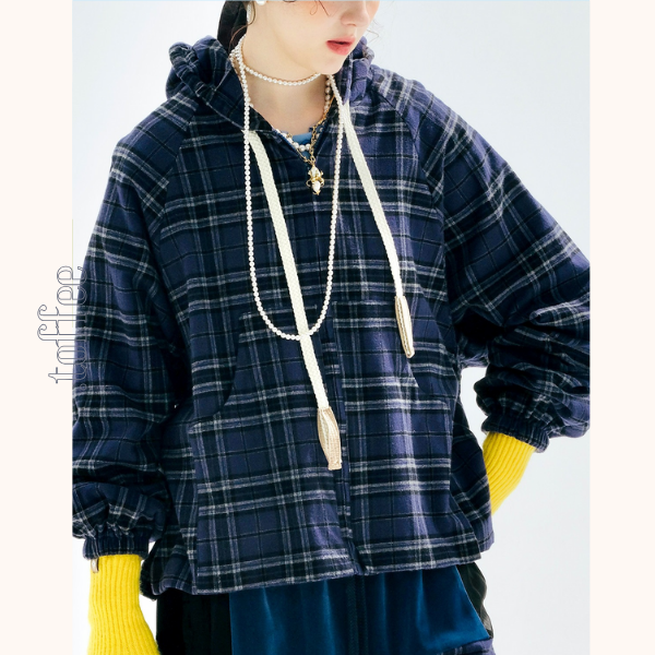 チェック×刺繍のレトロフーディ《Z01350》